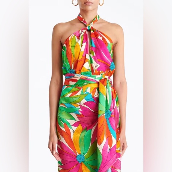 Rachel and Zoe Vibrant Halter Two Piece Set Crop Top Midi Skirt Jungle Floral - Picture 1 of 8